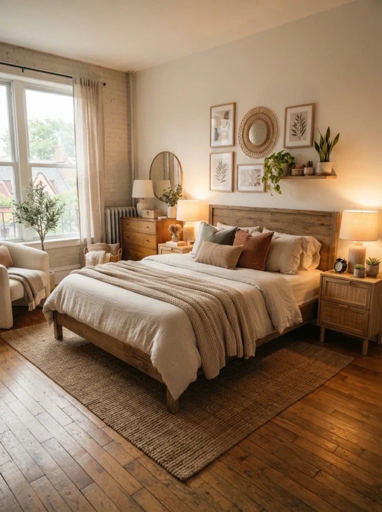 High-end cozy bedroom with layered natural textures, linen bedding, woven accents, oak furniture, warm ambient lighting, realistic apartment atmosphere, Pinterest-style ultra realistic photography