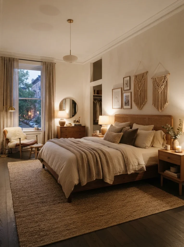 High-end cozy bedroom with layered natural textures, linen fabrics, woven accents, warm wood furniture, soft ambient lighting, realistic apartment proportions