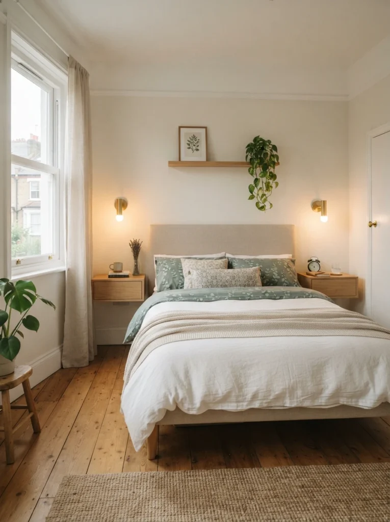 Tiny cozy bedroom with floating nightstands and warm wall sconces, visible oak flooring, realistic apartment proportions, airy calming atmosphere