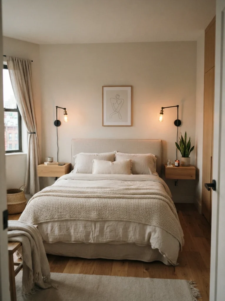 Tiny cozy bedroom with floating nightstands and wall sconces, warm neutral decor, visible oak flooring, realistic apartment proportions
