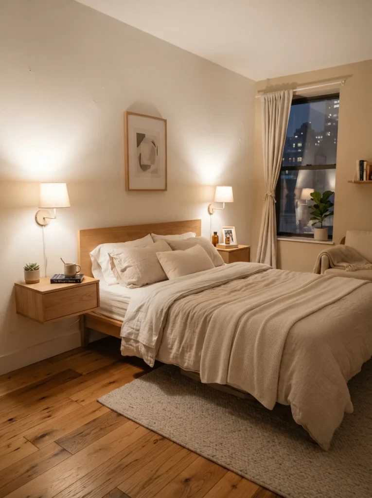 Small cozy bedroom with floating nightstands and warm wall sconces, visible oak flooring, realistic apartment proportions, calming modern atmosphere, ultra realistic Pinterest photography