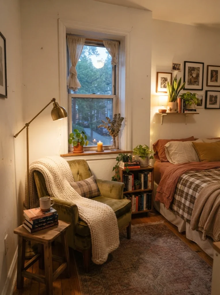 Cozy tiny bedroom with small reading corner near window, upholstered accent chair, warm lamp glow, soft blanket textures, realistic apartment proportions, calm relaxing atmosphere, ultra realistic Pinterest bedroom photography