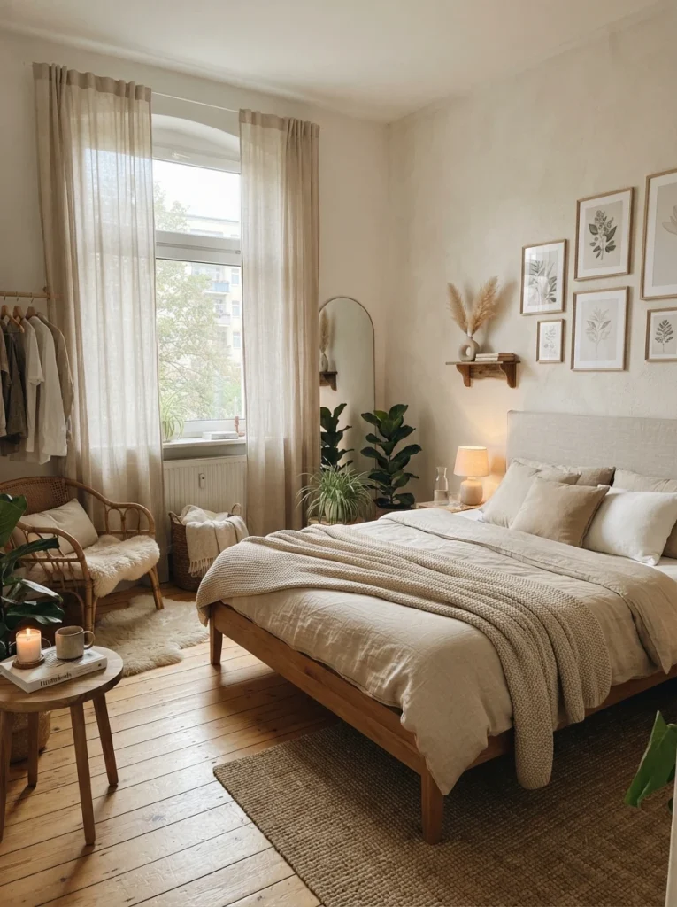 Cozy Pinterest-style bedroom with sheer linen curtains and soft natural daylight, warm beige textures, airy calming atmosphere, realistic apartment layout