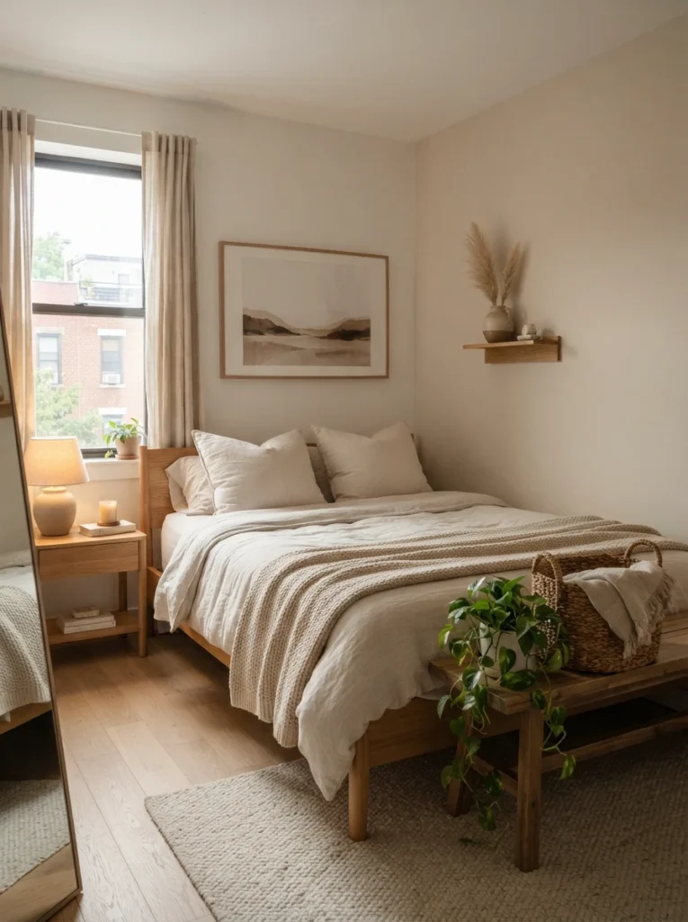Minimal cozy bedroom with larger simple decor pieces instead of tiny clutter, warm neutral palette, realistic compact apartment atmosphere, Pinterest-style ultra realistic photography
