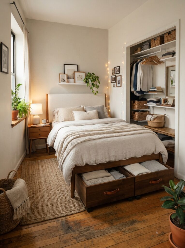 Small cozy bedroom with rolling under-bed storage drawers, soft neutral bedding, warm wood textures, realistic apartment proportions, practical organization system, Pinterest-style ultra realistic interior photography