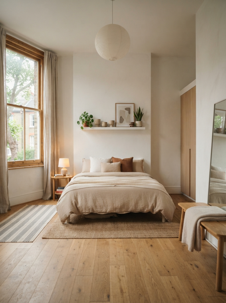 Minimal cozy bedroom with open breathing space and warm layered decor, realistic apartment proportions, calming peaceful atmosphere