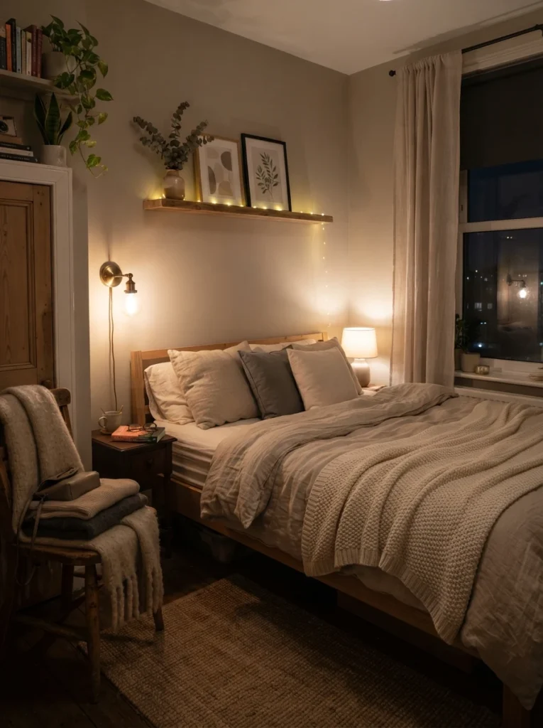 Tiny cozy bedroom with warm ambient lighting and soft shadows, layered neutral textures, realistic nighttime apartment atmosphere, calming peaceful mood, ultra realistic Pinterest bedroom photography