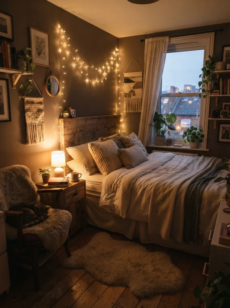 Tiny cozy bedroom with warm ambient lighting, bedside lamp glow, fairy lights, soft evening shadows, realistic apartment atmosphere, Pinterest-worthy dreamy interior photography