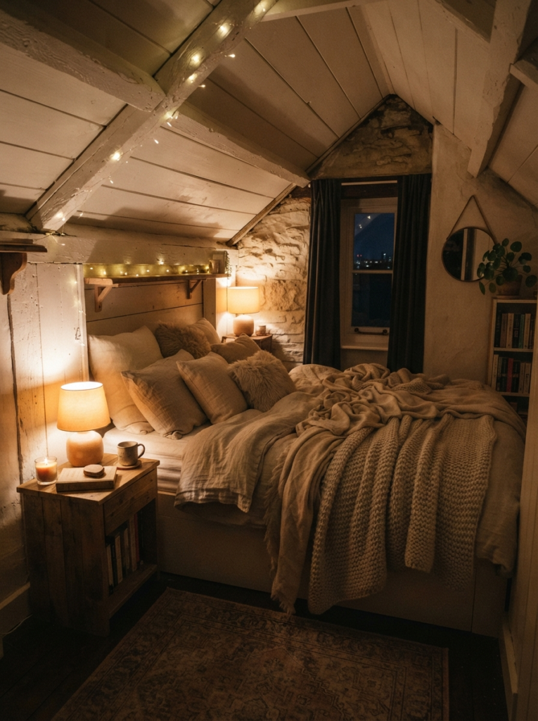 Tiny cozy cocoon-style bedroom with layered bedding, warm bedside lighting, soft neutral textures, intimate calming nighttime atmosphere