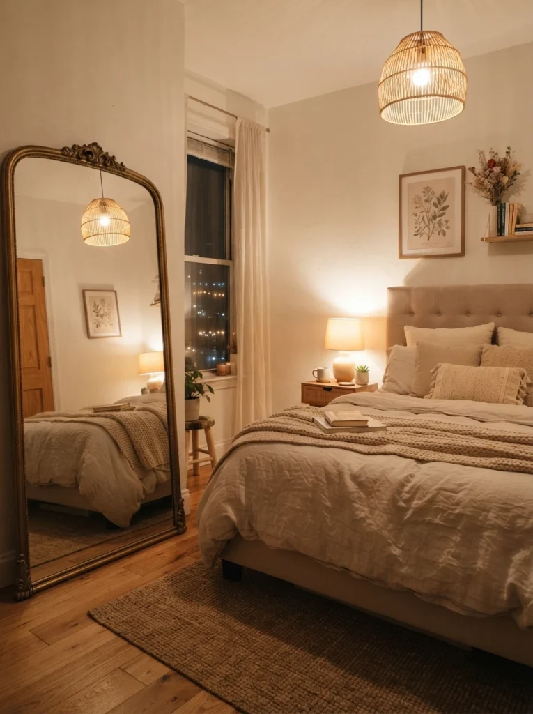 Cozy elegant bedroom with large mirror reflecting warm lighting and soft neutral decor, realistic compact apartment atmosphere, Pinterest-worthy ultra realistic photography