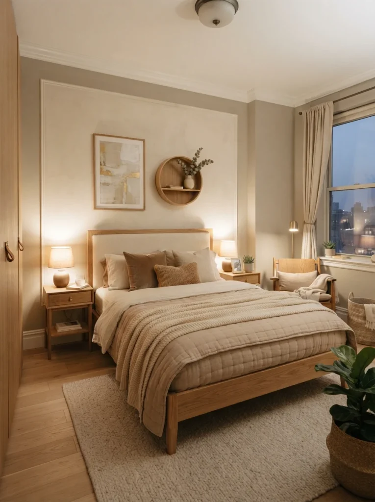 Cozy high-end small bedroom with warm neutral color palette, oak furniture, soft ambient lighting, realistic apartment proportions, Pinterest-worthy elegant atmosphere