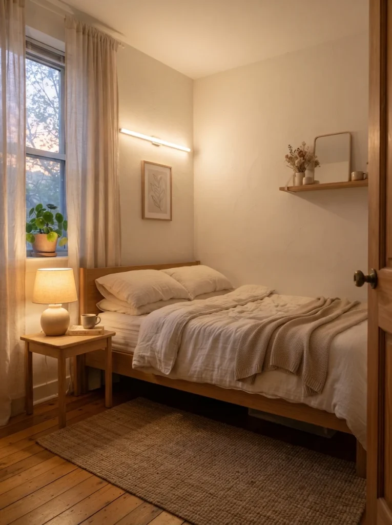 Ultra realistic cozy minimalist small bedroom focused on emotional calm, warm layered lighting, soft natural textures, uncluttered peaceful atmosphere, realistic apartment proportions, Pinterest-style interior photography