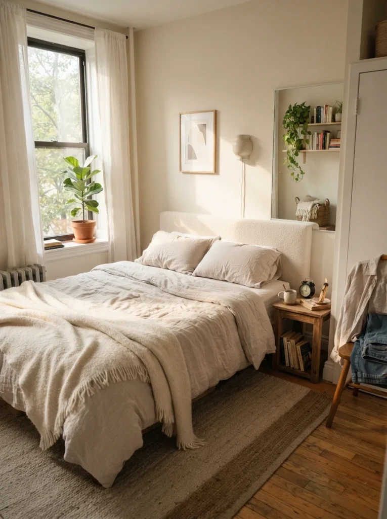 Cozy minimalist bedroom with relaxed linen bedding and soft natural textures, warm morning sunlight, realistic apartment atmosphere, calming lived-in styling, Pinterest-style ultra realistic photography