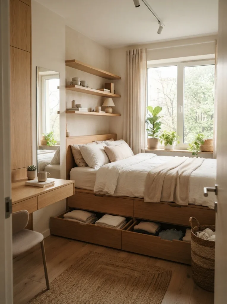 Small cozy minimalist bedroom with hidden storage solutions, warm wood textures, soft natural lighting, uncluttered atmosphere, realistic apartment proportions, ultra realistic Pinterest bedroom photography