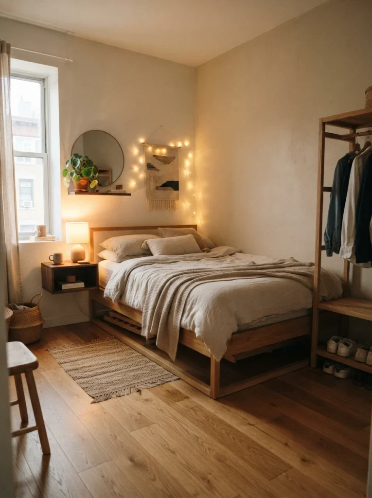 Cozy minimalist small bedroom with open-base furniture and visible flooring, warm wood textures, layered soft lighting, realistic compact apartment atmosphere