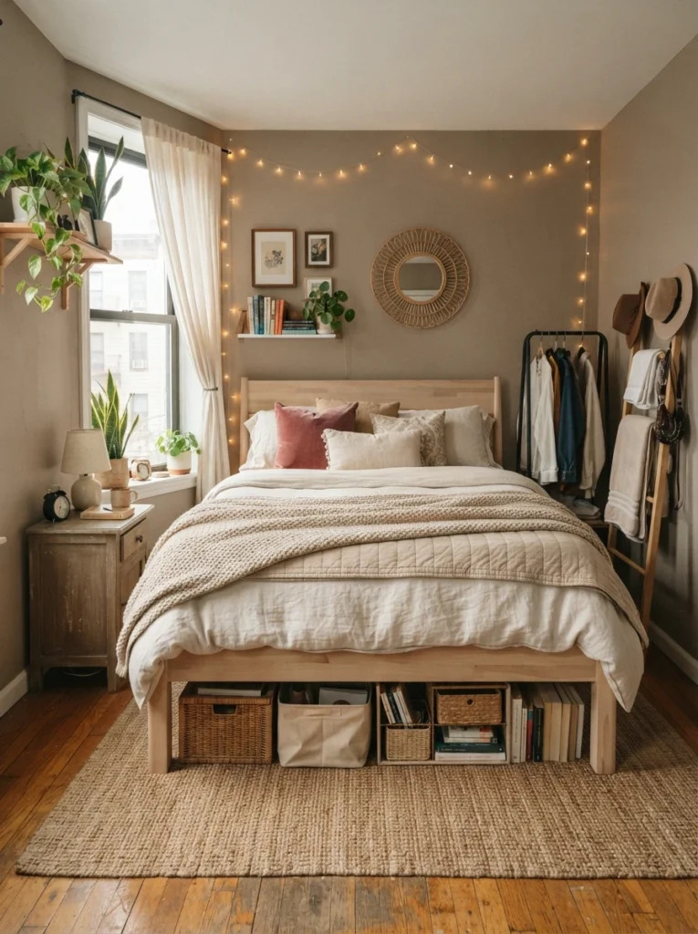 Tiny renter-friendly bedroom with practical storage-friendly bed frame clearance, warm neutral bedding, realistic apartment layout, cozy layered textures, ultra realistic Pinterest bedroom photography