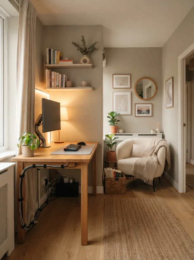 Small cozy room with grouped natural textures and organized decor styling, woven baskets, oak furniture, soft linen fabrics, warm daylight, Pinterest-style ultra realistic photography