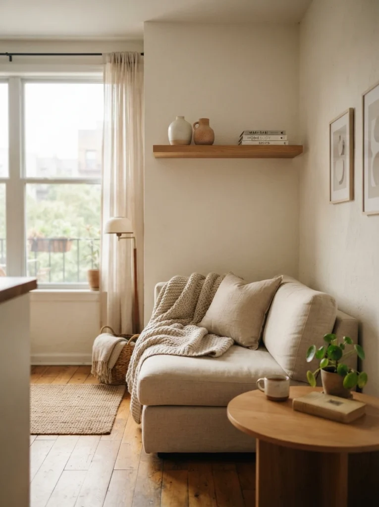Small minimalist cozy room with intentional empty shelf space, warm layered textures, soft daylight, realistic apartment atmosphere, calming uncluttered environment, ultra realistic Pinterest photography