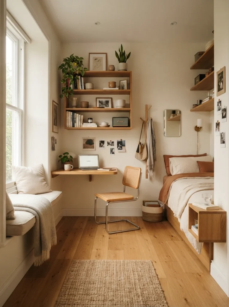 Tiny cozy room with open visible flooring and wall-mounted storage, warm oak textures, soft natural lighting, realistic compact apartment atmosphere, ultra realistic Pinterest interior photography
