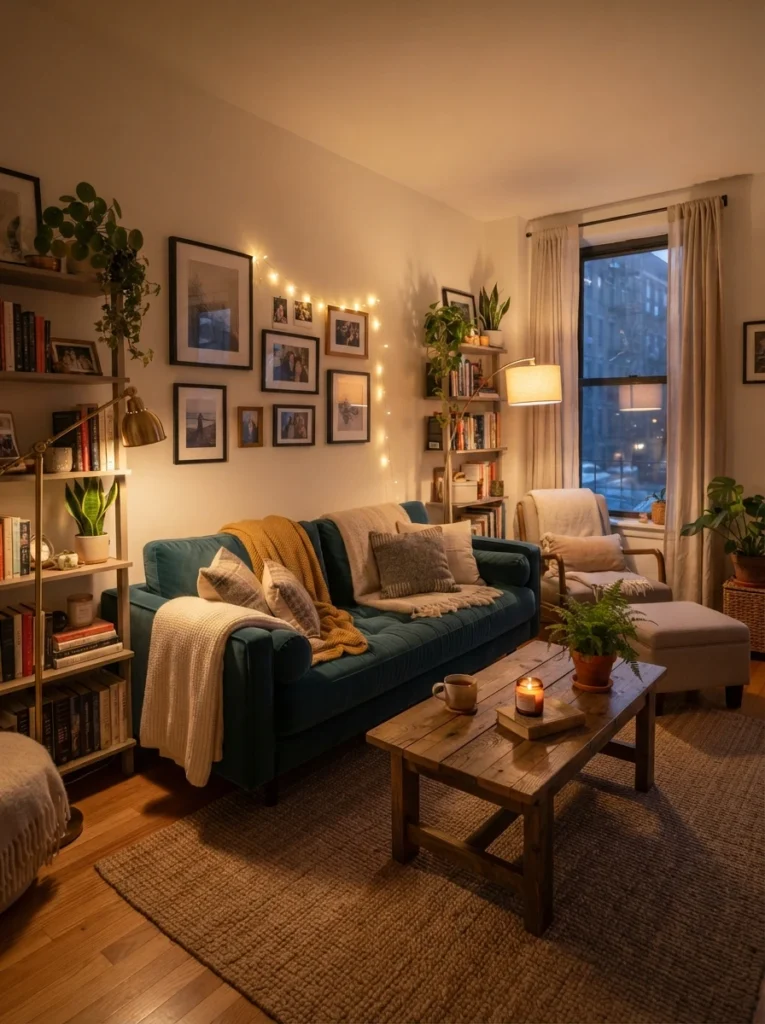 Realistic small room with thoughtful practical organization setup, woven baskets, warm neutral palette, lived-in apartment atmosphere, visually calm storage solutions, ultra realistic Pinterest photography