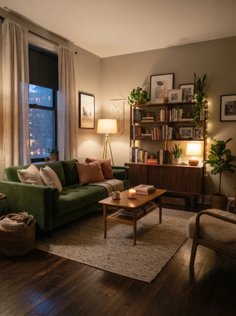 Small cozy room with warm layered ambient lighting, soft evening shadows, realistic apartment decor, calming organized atmosphere, Pinterest-style ultra realistic home photography