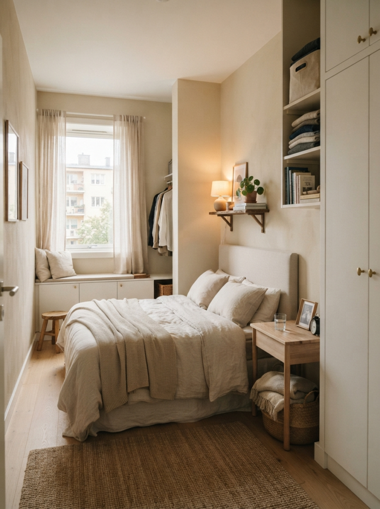 Minimal cozy small bedroom with hidden clutter and calm styling, warm neutral textures, realistic compact apartment atmosphere