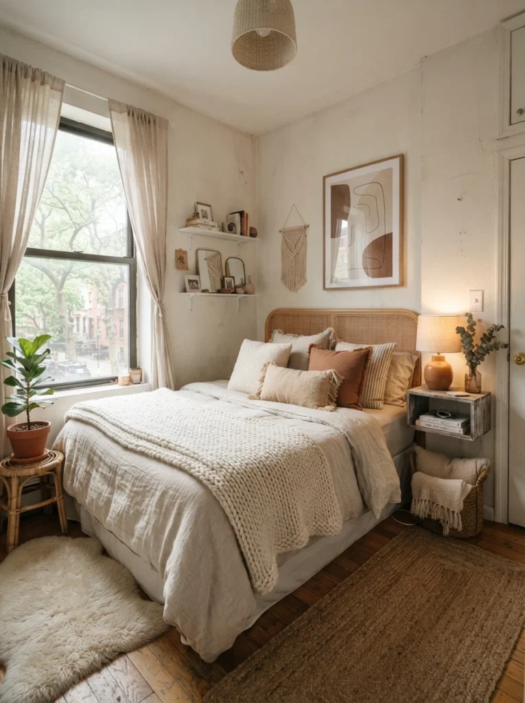 Cozy small bedroom with warm neutral color palette, layered beige and earthy textures, soft natural lighting, calming cohesive decor styling, realistic apartment proportions, Pinterest-style ultra realistic bedroom interior