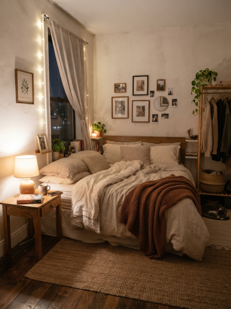 Ultra realistic cozy small bedroom with layered warm neutral textures, linen bedding, soft ambient lighting, realistic apartment atmosphere, Pinterest-style interior photography