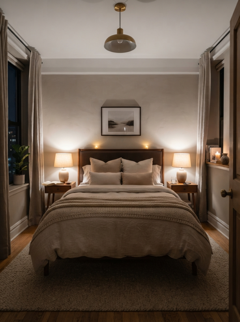 Ultra realistic cozy small bedroom with symmetrical layout, centered bed, matching warm bedside lamps, layered neutral bedding, calming nighttime atmosphere, Pinterest-style interior photography