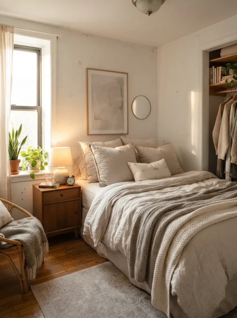 Ultra realistic cozy small bedroom with luxurious layered linen bedding, oversized pillows, warm morning light, realistic apartment atmosphere, soft neutral textures, Pinterest-worthy interior photography