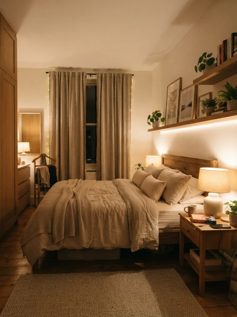 Ultra realistic cozy small bedroom with layered warm lighting, bedside lamp glow, soft ambient wall lighting, neutral textured bedding, compact apartment layout, calming nighttime atmosphere, warm beige and oak tones, Pinterest-style interior photography