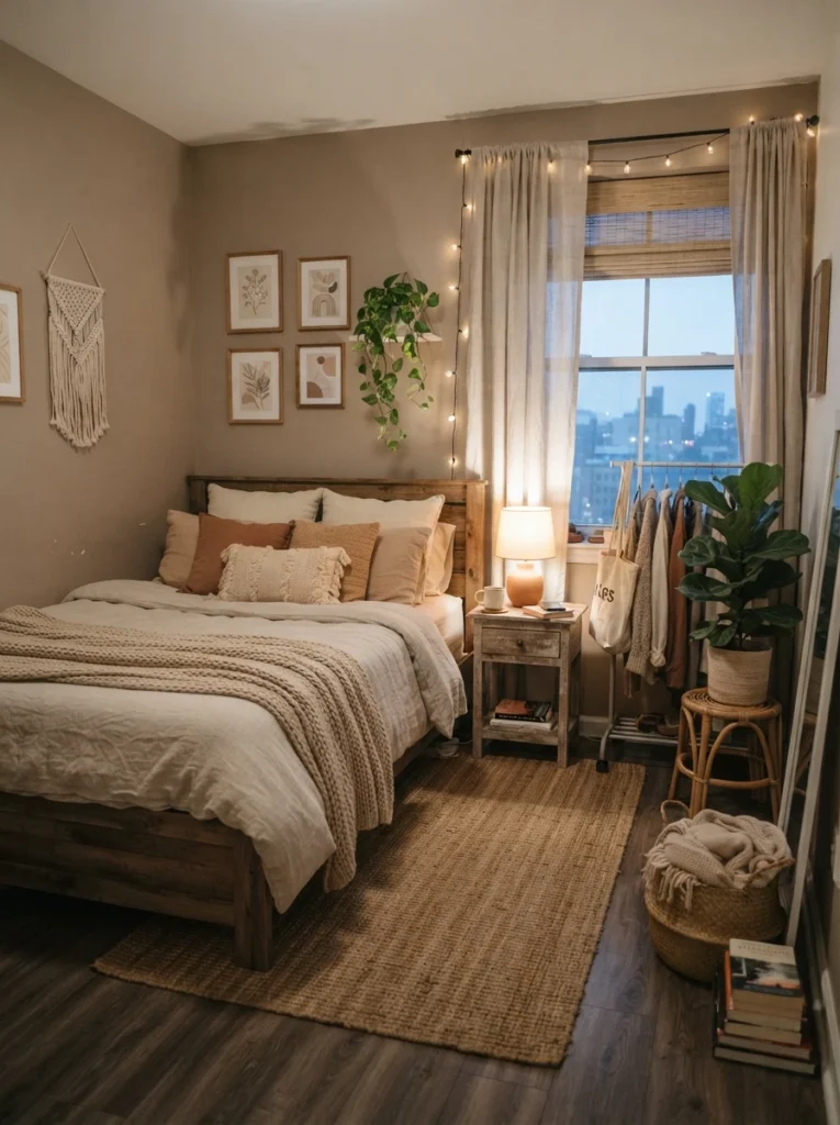 Cozy tiny apartment bedroom with warm neutral tones, layered beige textures, soft ambient lighting, realistic rental apartment atmosphere, calming earthy decor palette, Pinterest-style ultra realistic photography