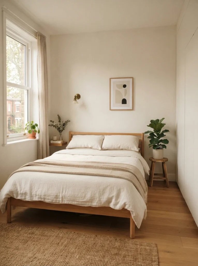 Minimal cozy tiny bedroom with intentional empty space and uncluttered styling, warm soft lighting, realistic apartment atmosphere, Pinterest-style photography