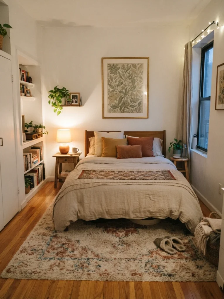 Cozy small bedroom with soft rug under bed, centered wall art, warm bedside lighting, realistic awkward apartment layout, calming focal point styling, Pinterest-style ultra realistic photography