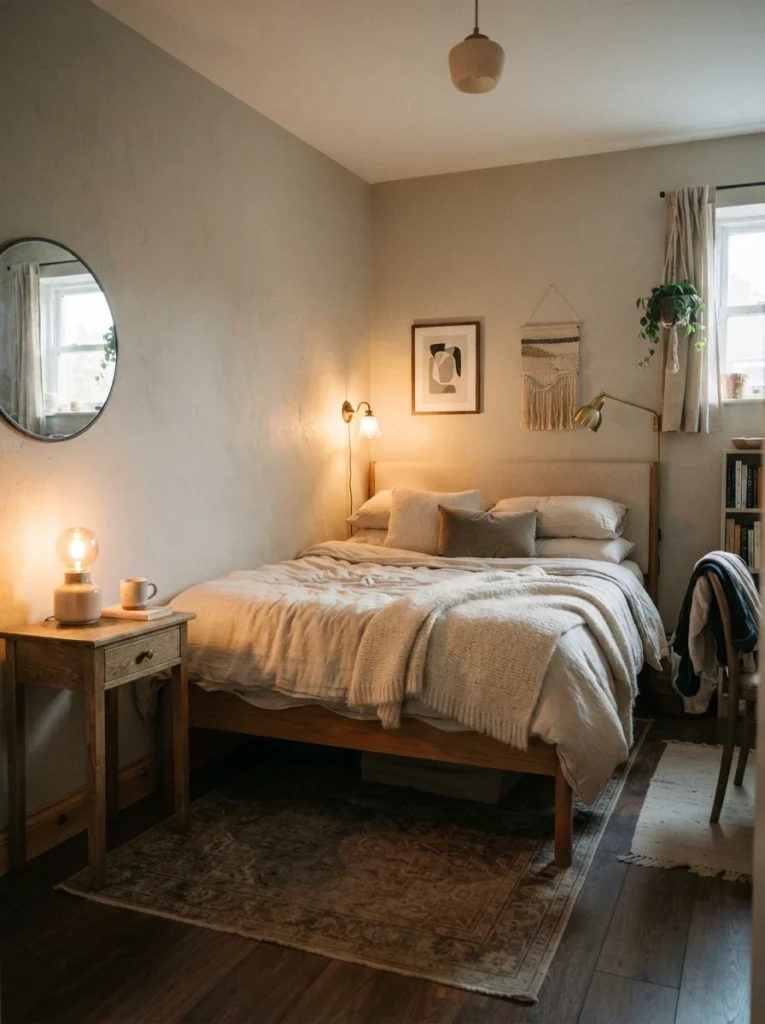 Small elegant apartment bedroom with bed slightly floated from wall, warm layered lighting, cozy neutral bedding, realistic compact atmosphere