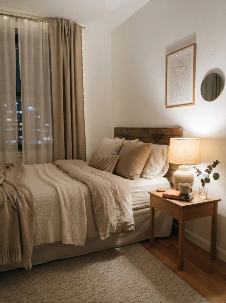 Tiny elegant bedroom with softly styled minimalist nightstand, warm lamp glow, neutral bedding textures, realistic cozy apartment atmosphere, Pinterest-style photography