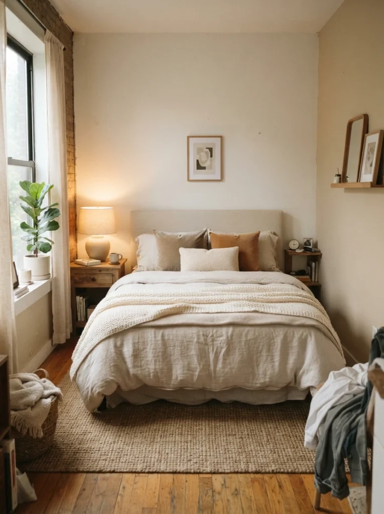 Small elegant bedroom with layered warm neutral tones, soft bedding textures, warm natural light, realistic cozy apartment atmosphere