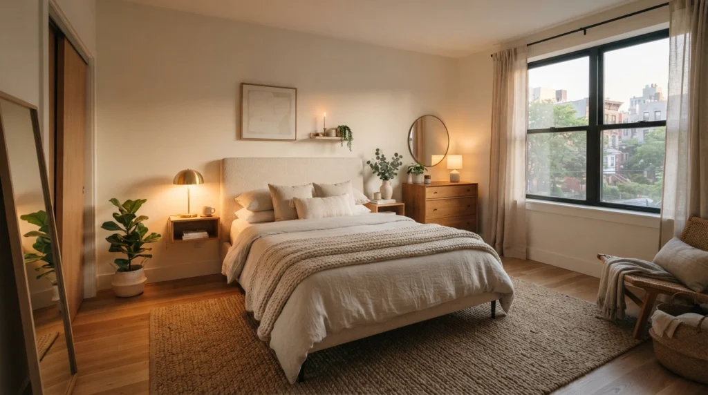 Small elegant bedroom with open walking flow and balanced furniture layout, warm lighting, cozy neutral textures, realistic apartment atmosphere, ultra realistic Pinterest photography
