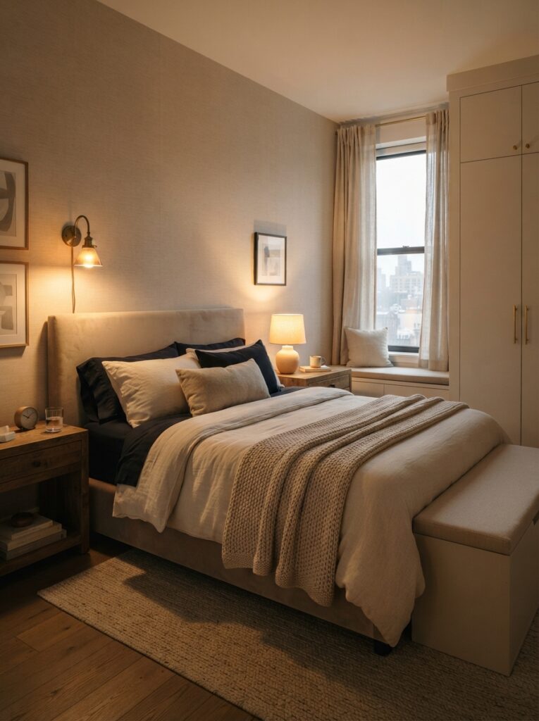 Elegant small bedroom with hidden clutter and visually clean surfaces, warm layered lighting, realistic compact apartment atmosphere, calming luxurious styling, ultra realistic Pinterest photography