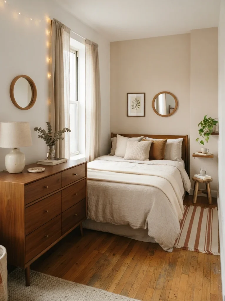 Small elegant bedroom with one clean-lined dresser and minimal clutter, warm layered decor, realistic compact apartment atmosphere