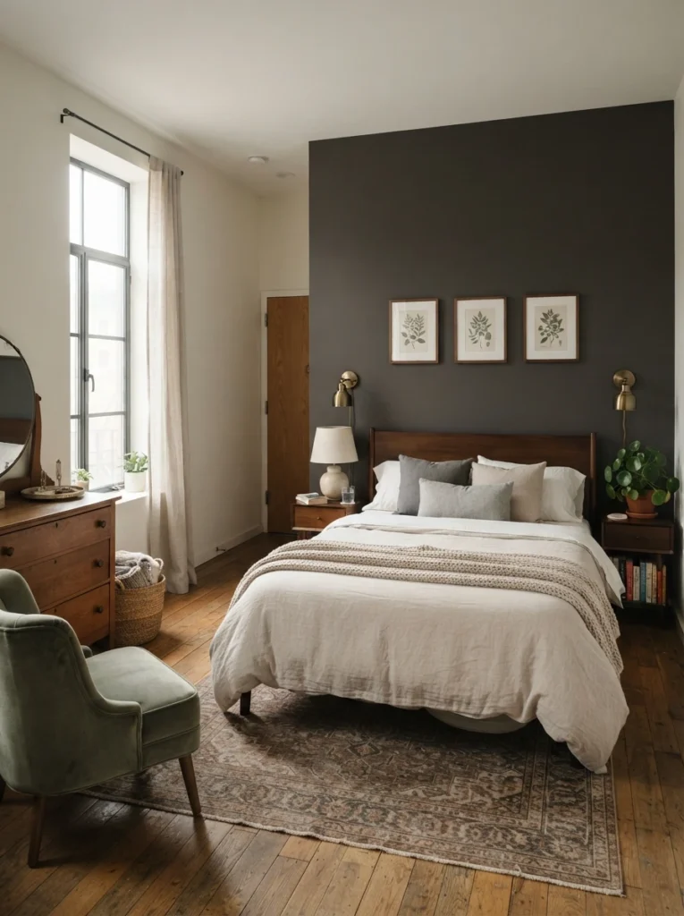 Small elegant bedroom with larger furniture placed along darker wall, soft daylight across bedding area, realistic apartment layout, calming balanced atmosphere