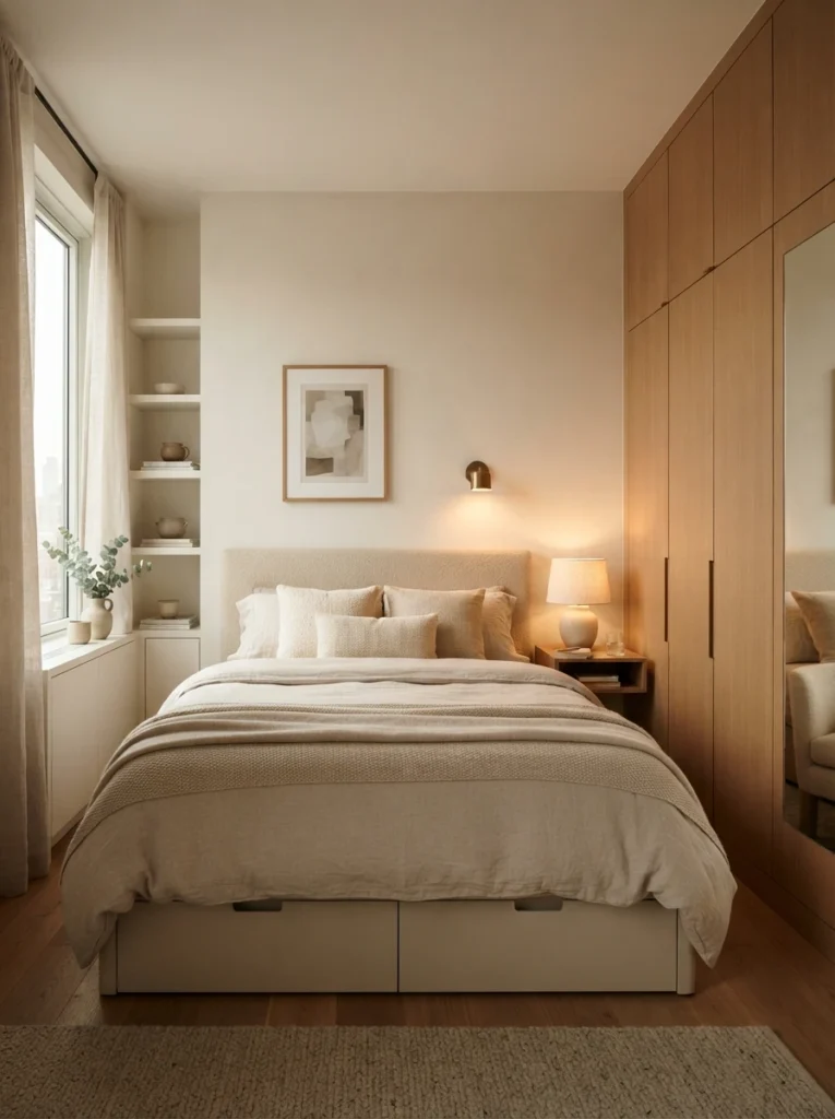 Small elegant bedroom with hidden storage solutions and visually calm surfaces, warm layered lighting, realistic compact apartment layout, cozy uncluttered atmosphere, ultra realistic Pinterest photography