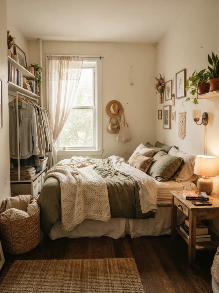 Tiny renter-friendly bedroom with layered linen bedding, knit throw blanket, woven baskets, warm natural textures, soft ambient lighting, realistic apartment atmosphere, Pinterest-style ultra realistic photography