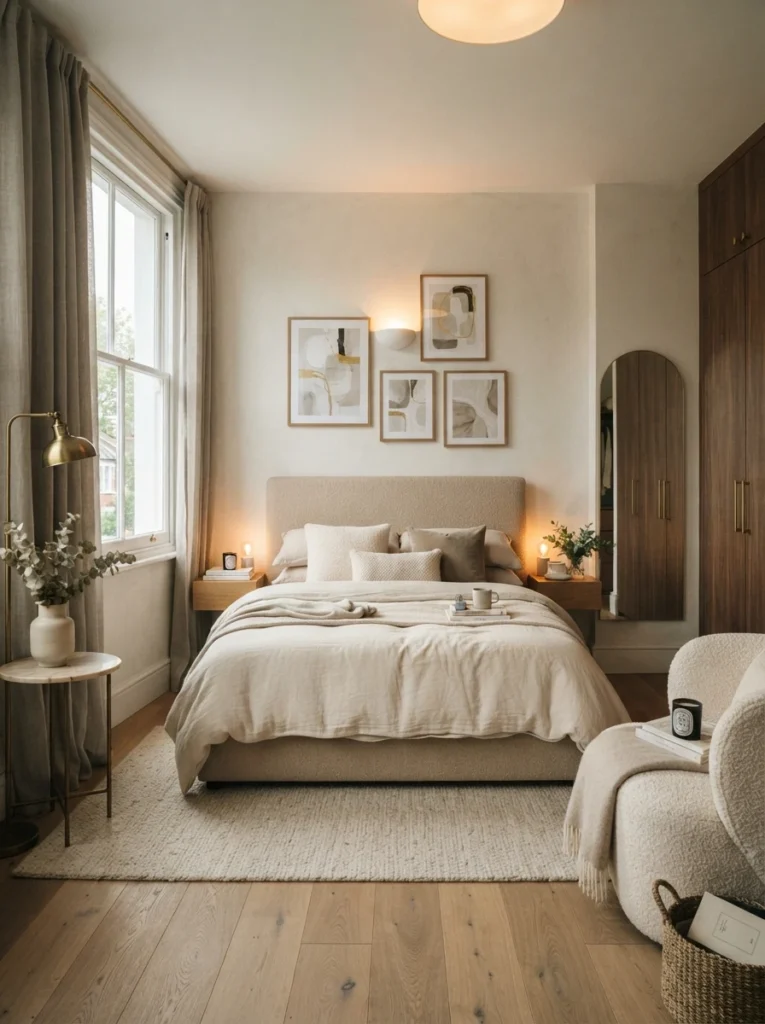 Small luxurious bedroom with open space around bed and balanced furniture layout, warm ambient lighting, realistic cozy apartment atmosphere