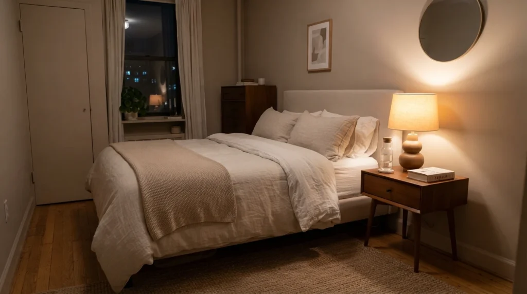 Small luxurious bedroom with calm uncluttered bedside styling, warm lamp glow, soft neutral bedding, realistic cozy apartment atmosphere