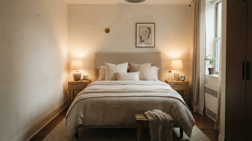 Tiny luxurious bedroom with centered bed layout and balanced nightstands, warm layered lighting, soft neutral bedding, realistic apartment proportions