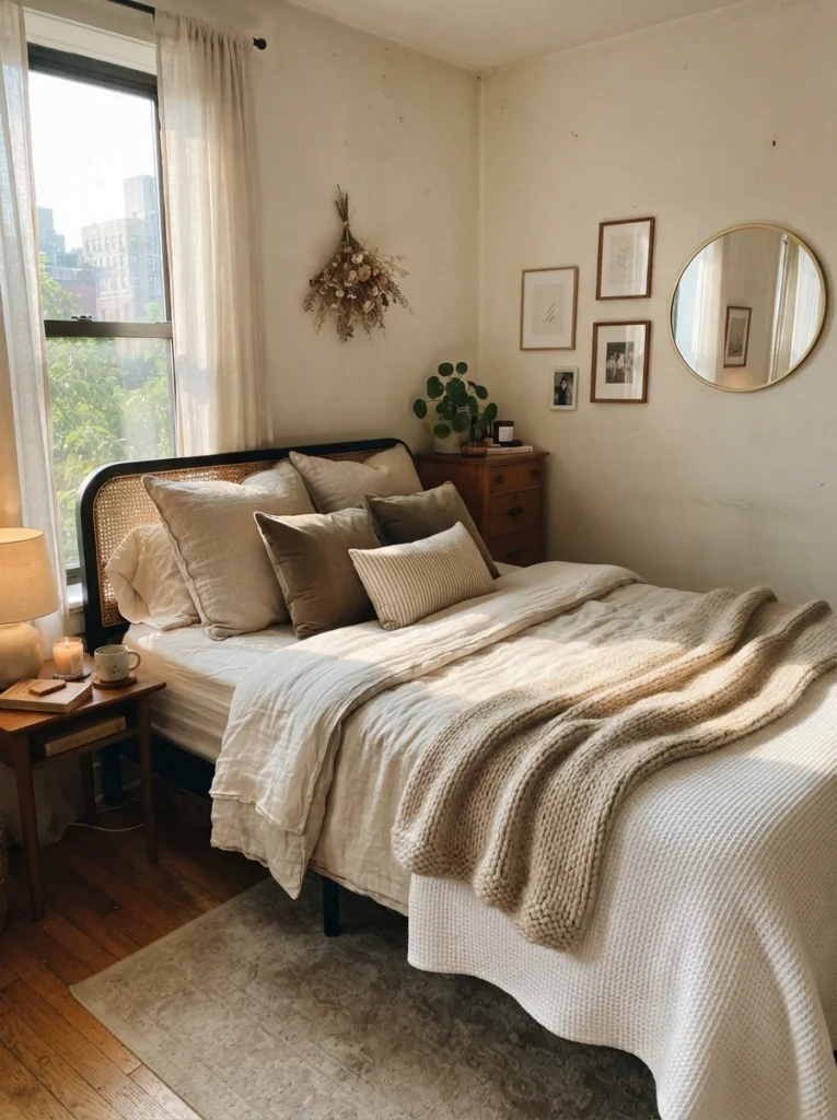 Small luxurious bedroom with layered linen bedding, oversized pillows, soft knit throw blanket, warm morning sunlight, realistic cozy apartment atmosphere, ultra realistic Pinterest photography