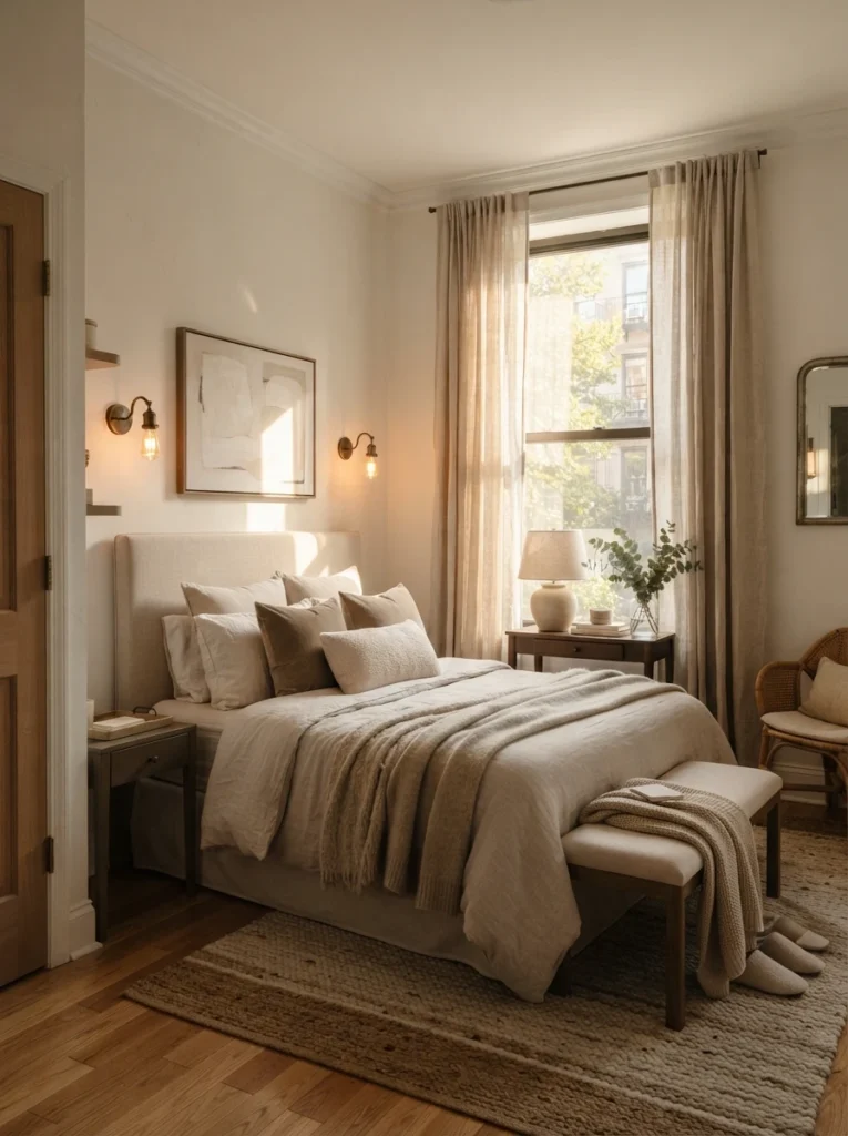 Small luxurious bedroom with floor-length linen curtains, warm natural sunlight, layered neutral decor, cozy elegant atmosphere, realistic apartment proportions