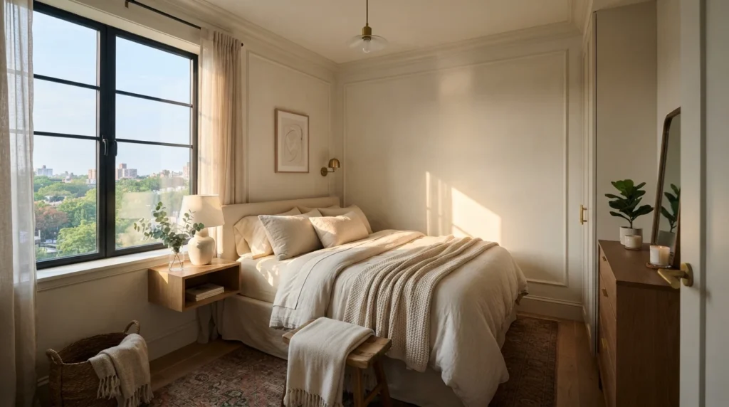 High-end small bedroom with softly floated furniture layout, cozy neutral palette, warm lighting, realistic apartment atmosphere, Pinterest-style ultra realistic photography