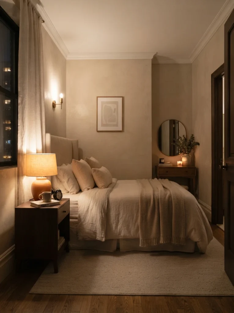 Small luxurious bedroom with layered warm lighting, bedside lamp glow, soft ambient shadows, cozy neutral bedding, realistic apartment proportions, Pinterest-worthy ultra realistic interior photography